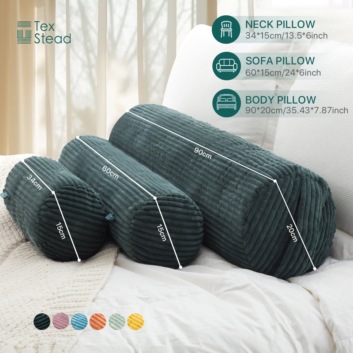 CHARRYARN by TexStead Cuddle Pillow  Bolster Pillow Corduroy Cylindrical Bed Pillow - Multifunctional Long Pillow- uitable for yoga,Lumbar and Neck Support Roll Pillow-Dark green（6"x24")