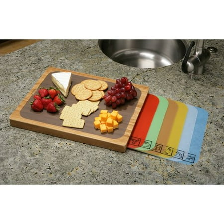 Seville Classics Easy-to-Clean Bamboo Cutting Board and 7 Color-Coded Flexible Cutting Mats with Food Icons Set
