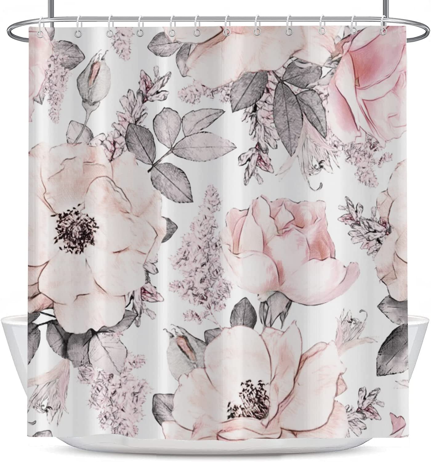 Pink Floral Shower Curtain, Pink and Grey Watercolor Rose Blossom Ink Painting Art Bathroom Curtain for Spring Bathtub Home Decor Waterproof Fabric Machine Washable with 12 Hooks - image 4 of 6