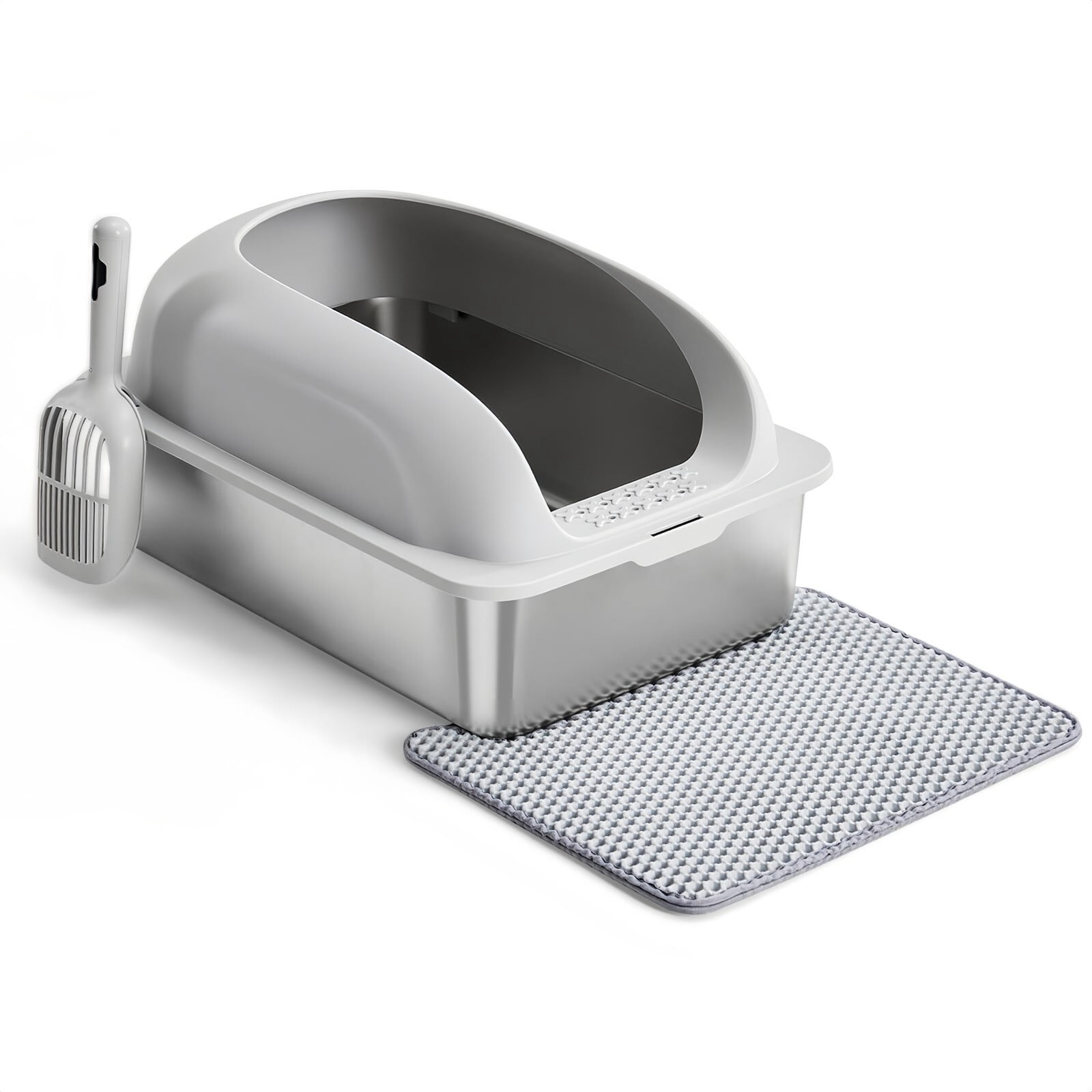 Kelno Cat Litter Box with Lid Scoop Mat High Wall Anti-Urine Leak Stainless Steel Litter Box, Light Gray