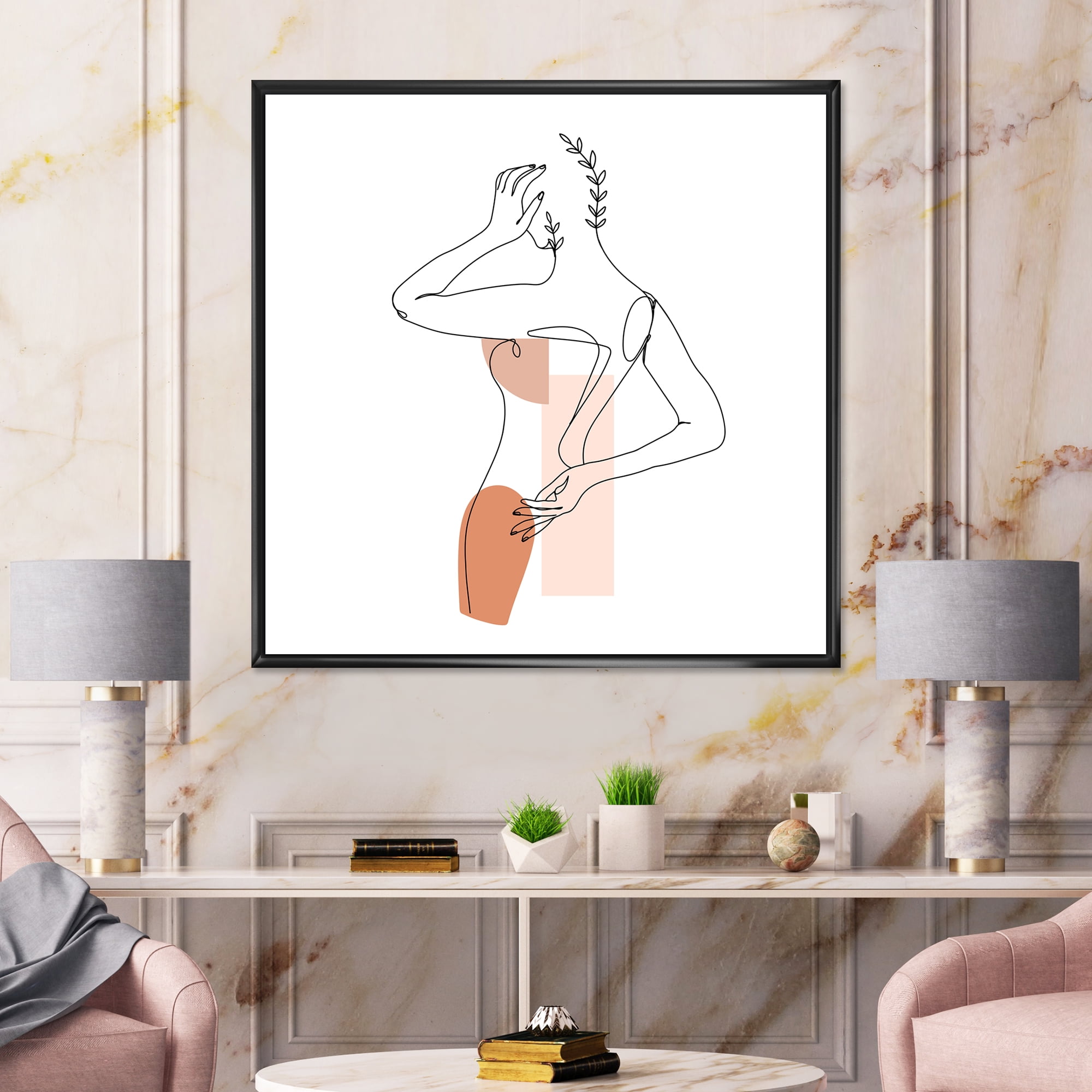 One Line Woman Portrait With Shapes and Leaves II 36 in x 36 in Framed Painting Canvas Art Print, by Designart