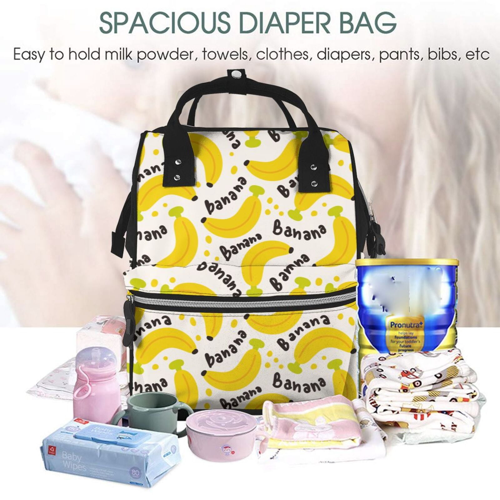 Ratiio Banana Fruit Mummy Backpack - Waterproof Twill Canvas, Large Capacity Diaper Bag with Multiple Pockets and Adjustable Straps