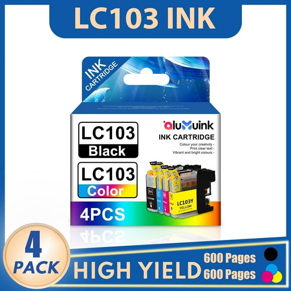 LC103 Ink cartridges Compatible for Brother LC103 ink Work with Brother DCP-J752DW MFC-J245 Printer(1 Black, 1 Cyan, 1 Magenta, 1 Yellow, 4 Pack）
