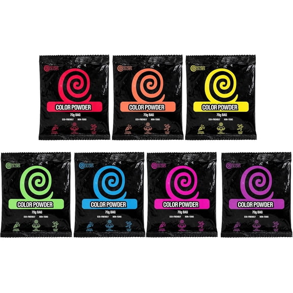 Chameleon Colors Rainbow Color Powder Packets, 7 Individual Holi Color Packets, Color Races, Birthday Parties, and Photography Smoke. Red, Orange, Yellow, Green, Blue, Magenta, and Purple Powder.