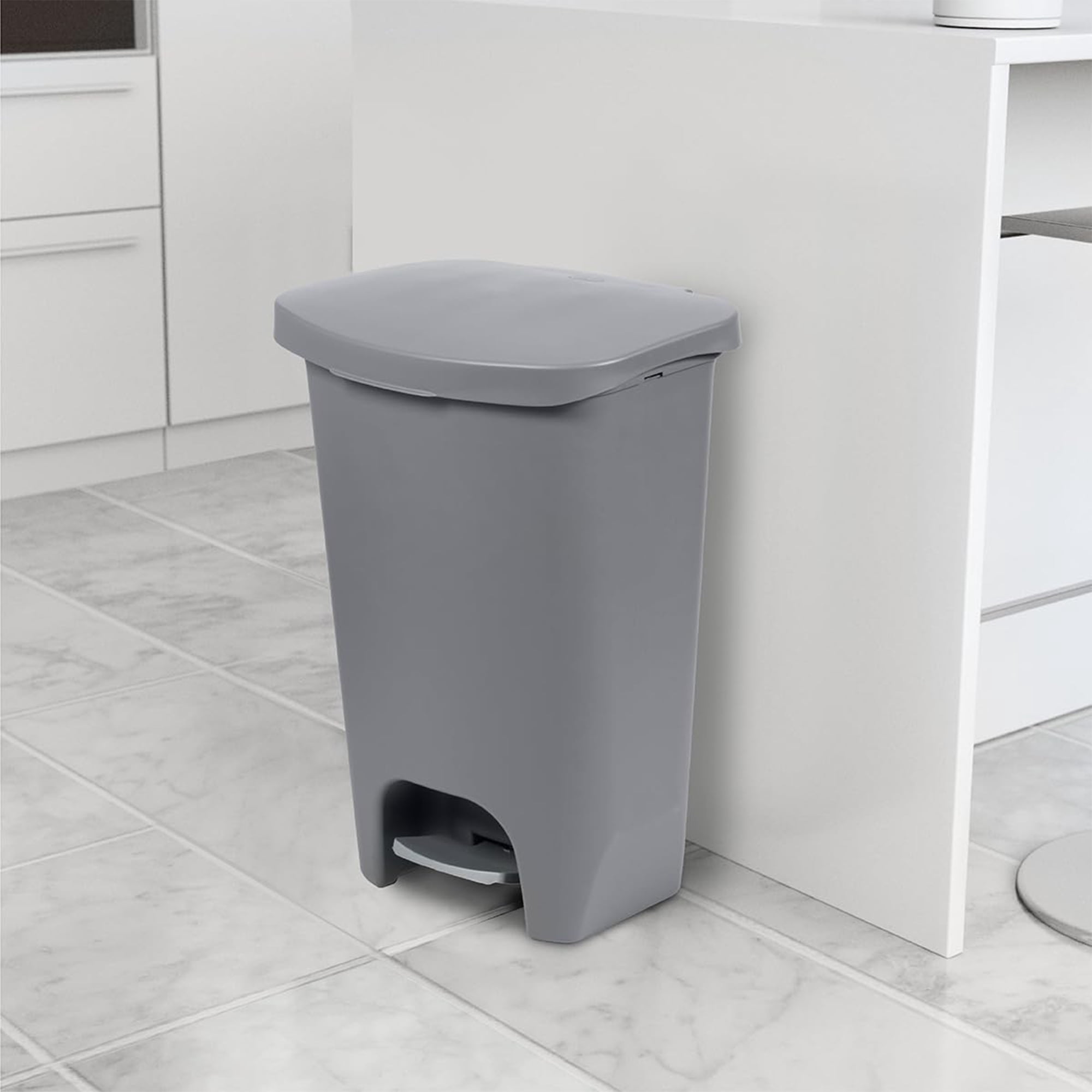Glad Kitchen Trash Can with Lid, Step Foot Pedal and Garbage Bag Rings, 13 Gallon, Grey