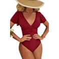 thumbnail image 1 of BEAUTYIN One Piece Swimsuits for Women Trumpet Sleeve V Neck Ruched Monokini Bathing Suits, 1 of 5