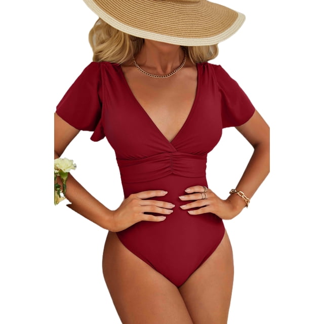 BEAUTYIN One Piece Swimsuits for Women Trumpet Sleeve V Neck Ruched Monokini Bathing Suits
