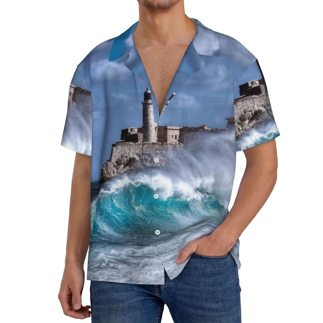 Fotbe Lighthouse in Havana Camisa Estampada de Manga Corta para Hombre, Casual de Verano, Estilo Playero, Sin Arrugas-XX-Large