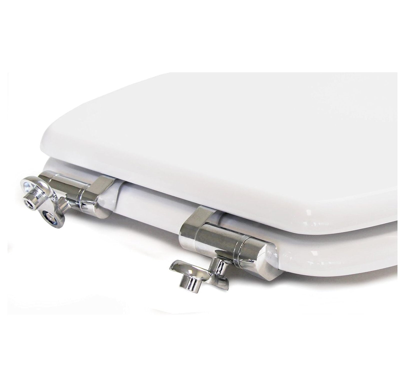 Elongated Toilet Seat Slow Close White Wood - 18.5" Elongated Bowl Fit - Chromed Metal Hinges - Easy Install