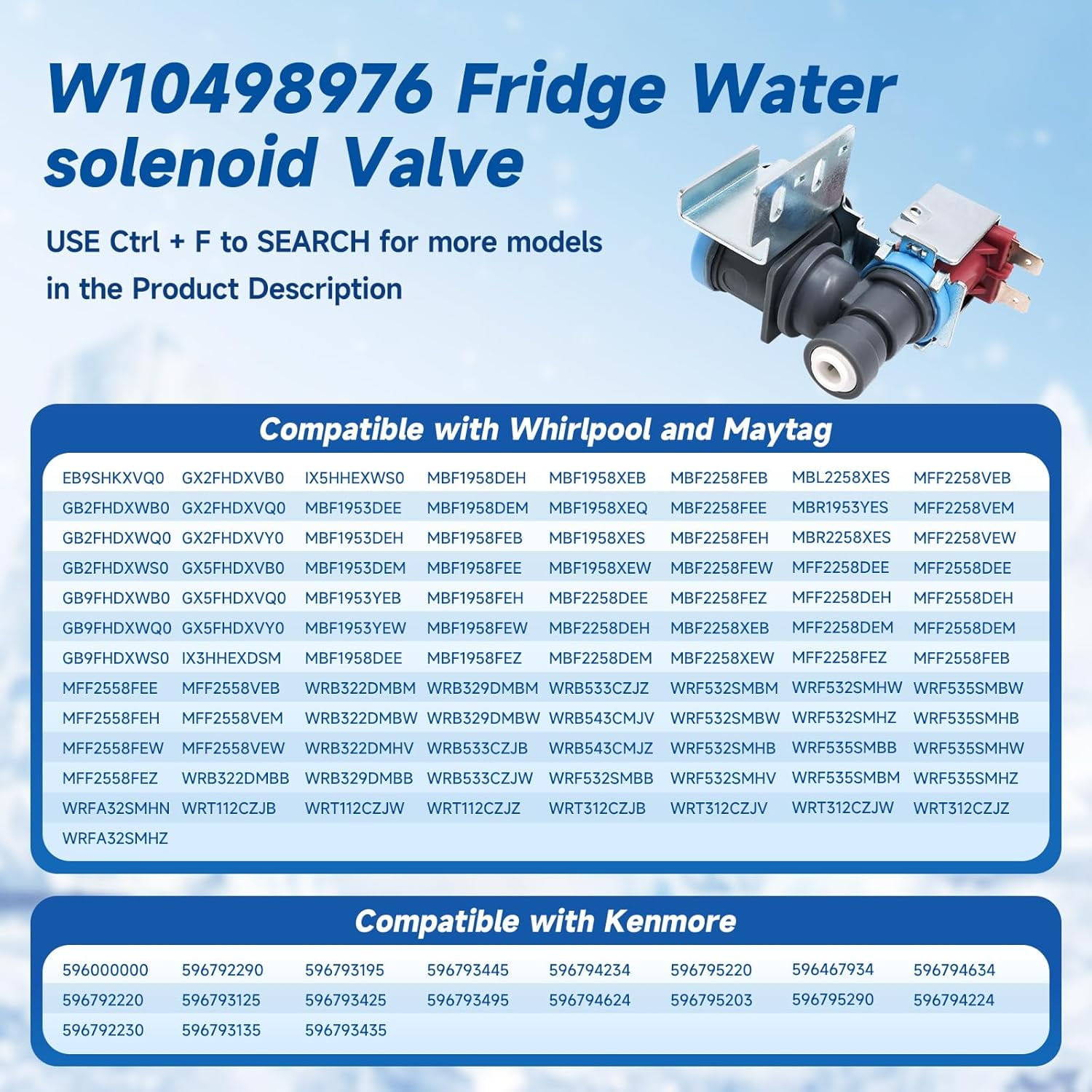RVKXHD WPW10498976 W10498976 Refrigerator Ice Maker Water Inlet Valve Replacement Compatible with Whirlpool Maytag, K-78200 Solenoid Valve Replace W10420082 W10498974 K-78186 PS11755667 WP2315576