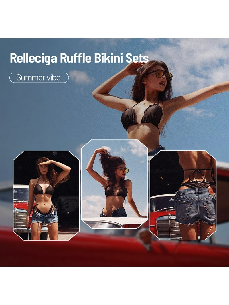 Bikini RELLECIGA Stampa Blu-giallo, Triangolo Halter Con Lacci E Slips Brasiliani, Taglia S - 5