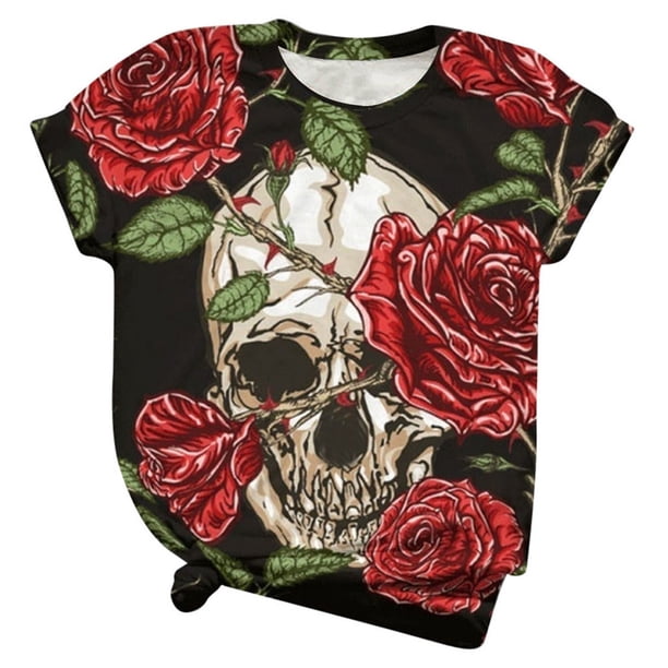 Moda mujer manga corta 3D cráneo impreso o-cuello Tops camiseta blusa Pompotops hkajfhjk457467