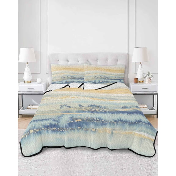 Quilts Full Size, Yellow Blue Ombre Soft Comforter Bedding Set for Bed, Abstract Modern Art Fluid Striped Lightweight Quilted Bedspread with Pillow Cover(2 Pieces) for All Season, 78x90 Inch