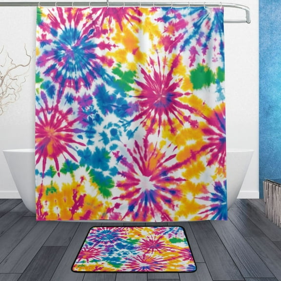 Bath Curtain & Non-Slip Bath Mat Set 12-Grommet Shower Curtain Memory Foam Bath Rug Tie-dye Pattern