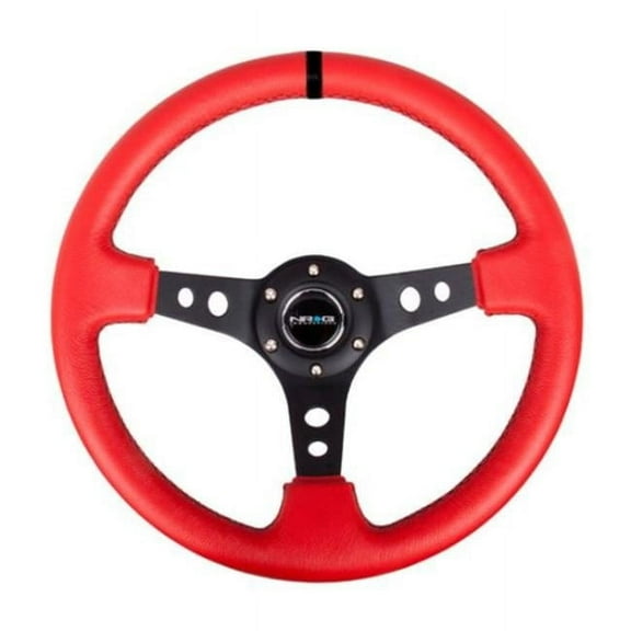 NRG Reinforced Steering Wheel (350mm / 3in. Deep) Red Suede w/Blk Circle Cutout Spokes - RST-006S-RR