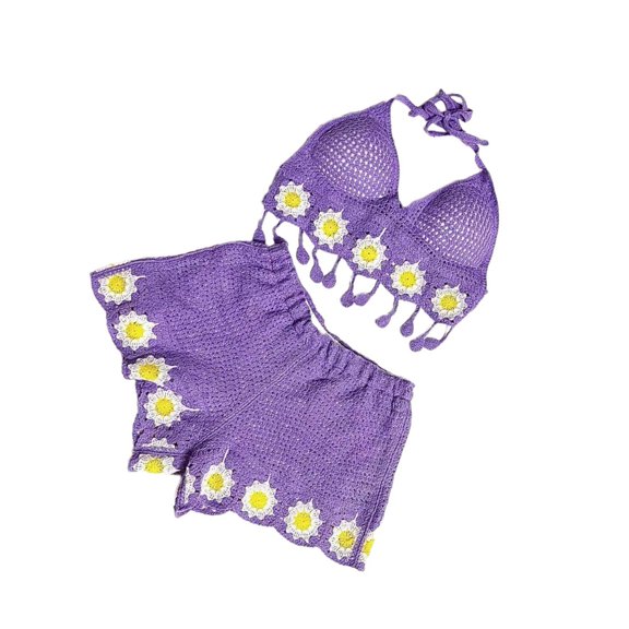 Knitted Top with Wide Leg Shorts Vacation Outfit Crocheted Sling Crop Top and Shorts Set Suitable for Holiday