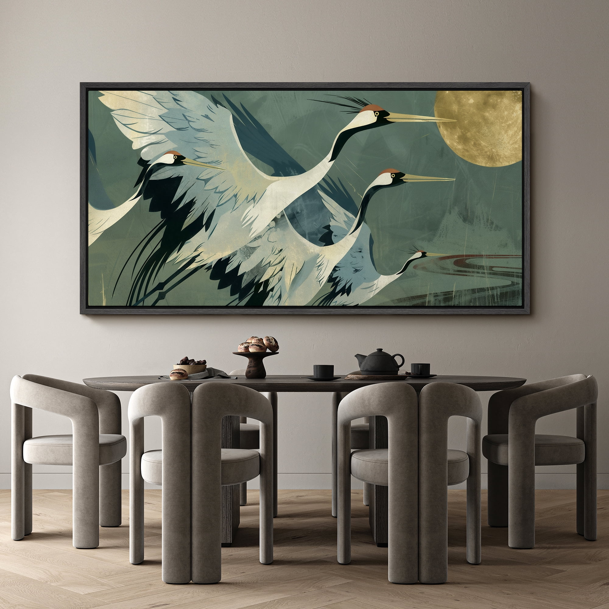 Large Framed Canvas Print Elegant Flying Cranes Under Full Moon - Japanese InspiredWall Art Decorative Ready to Hang Painting for Living room Bedroom 60x30 inches Black Frame