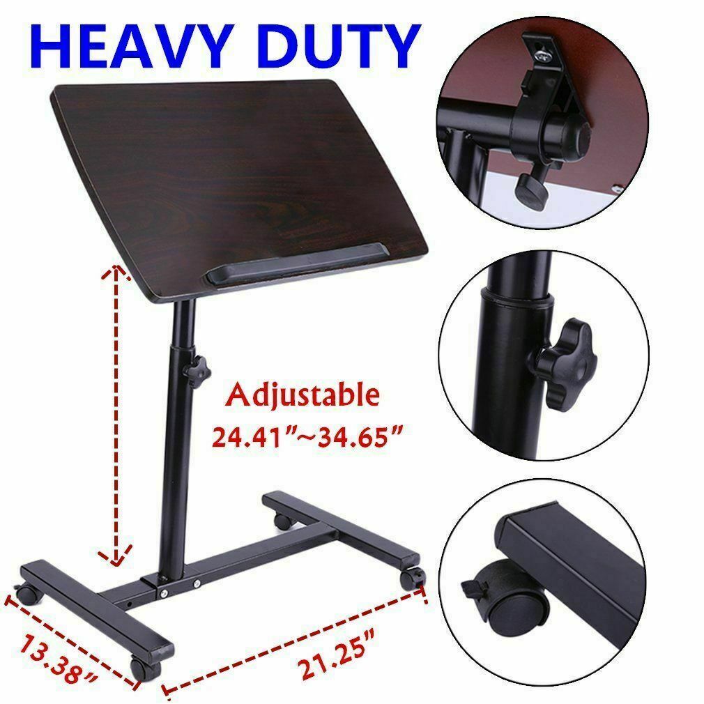 Laptop Rolling Desk Adjustable Tilt Stand Portable Caster Cart Bed Side