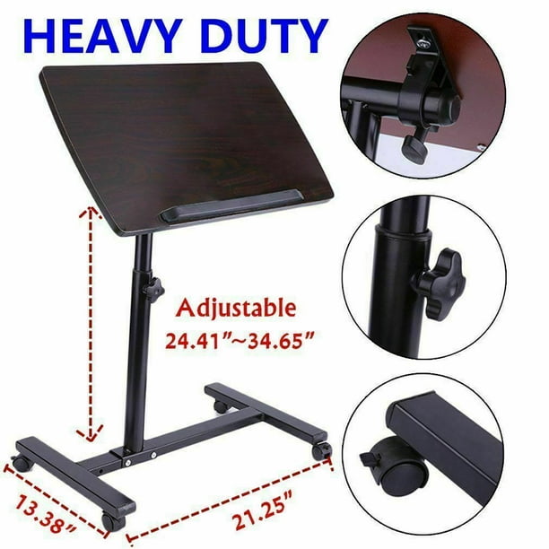 Laptop Rolling Desk Adjustable Tilt Stand Portable Caster Cart Bed Side