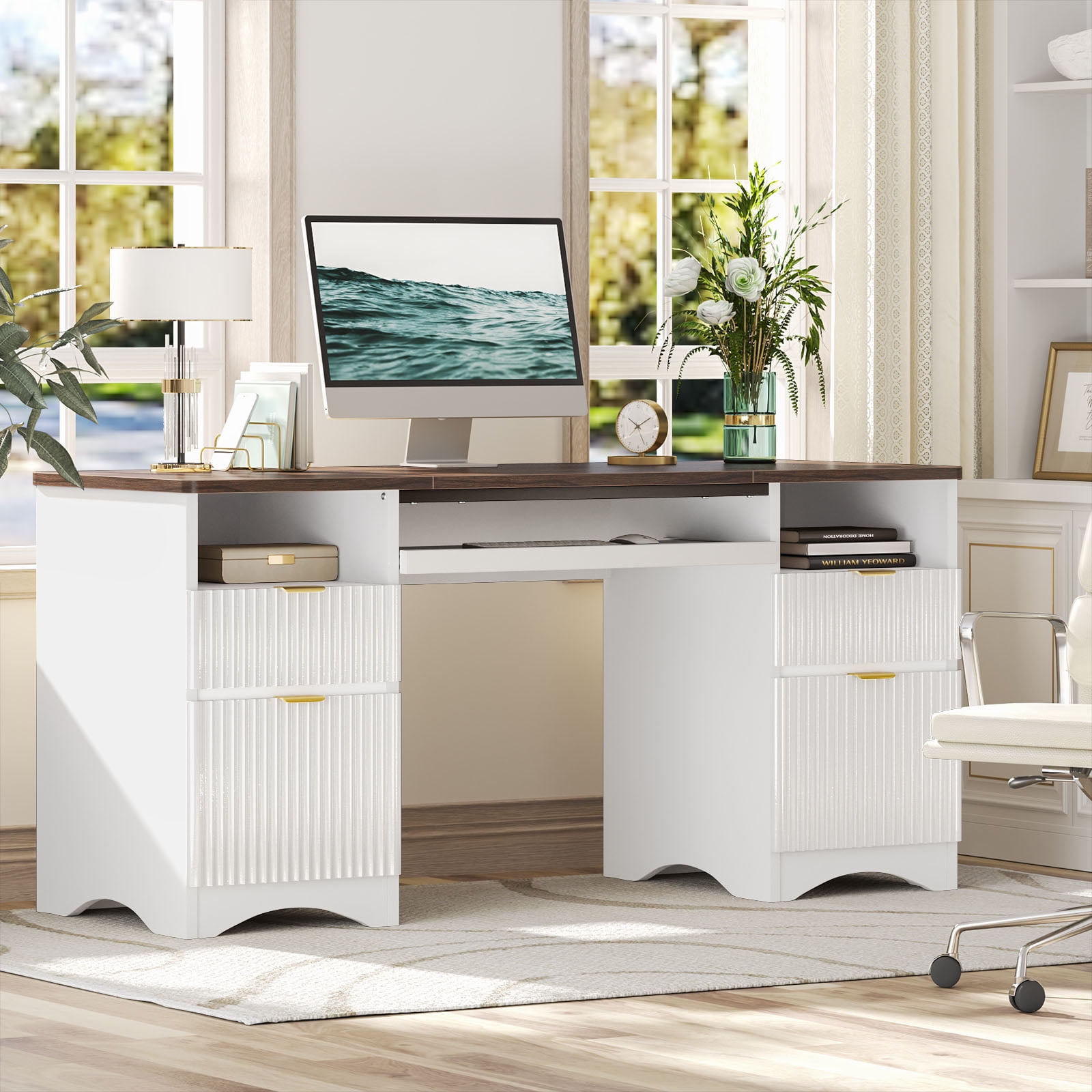 Bestier 59" Home Office Computer Desk with Keyboard Tray and Storage Drawers, Modern Executive Desk for Writing Reading, Walnut and White