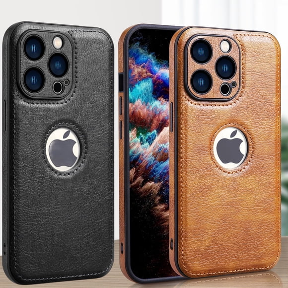 Vista de Logo para Funda de iPhone 15 Pro, Delgada Premium Vegana de Cuero Sintético Clásica de Lujo Elegante Cubierta Delgada, a Prueba de Golpes Protección Total - 6.1 Pulgadas (Negro)