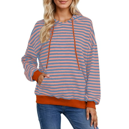 TIANZEN Striped Color Loose Long Sleeve Hoodie Sweatshirt For Casual Wear Womens Long Sweaters Hoodies Womens Tunic Hoodie