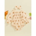thumbnail image 3 of Hirigin Newborn Baby Girl Halloween Outfit 3 6 12 18 Months Pumpkin Print Long Sleeve Cotton Linen Romper Smocked Bodysuit Headband Set, 3 of 8