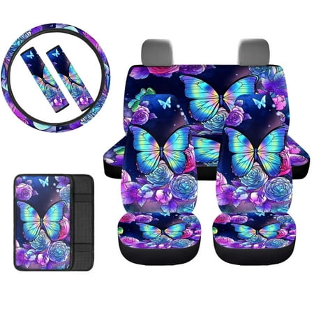Binienty Butterfly Floral Car Seat Covers Full Set for Women-1 Steering Wheel Cover,2 Sedan Van Shoulder Seatbelt Pad,4 Front & Rear Cushion Mat,1 Armrest Cover Decor Auto Accessories