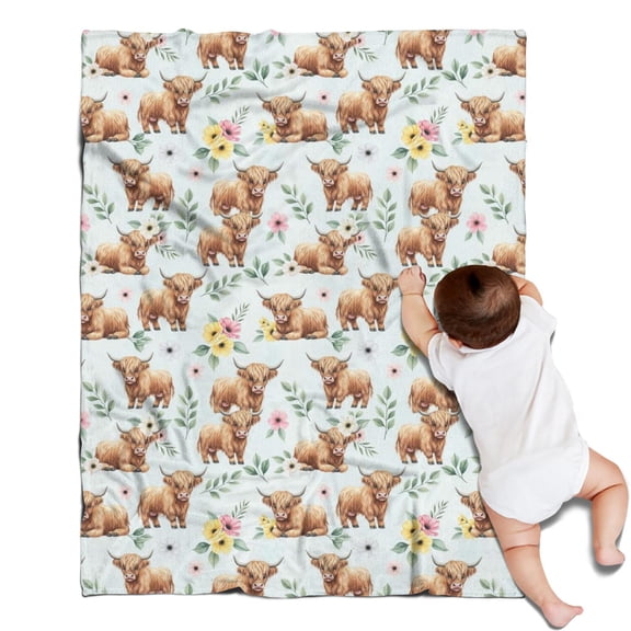 Blue Highland Cow Flower Leaf Pattern Blanket,Comfortable Soft Flannel Throw Blanket,All Season,Warm Lightweight Blankets for Sofa Bed Couch Living Room Chair,30"x40"