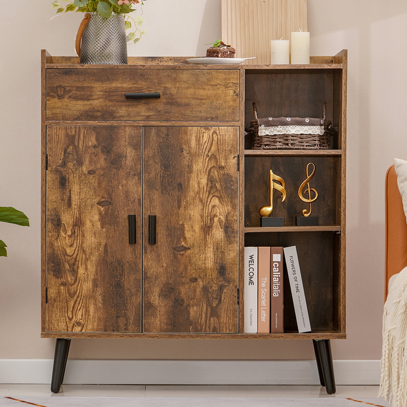 usikey Small Storage Cabinet, Narrow Floor Storage Cabinet with 1 Door and  1 Drawer, Industrial Side Cabinet with 2 Shelves, Nightstand, Small