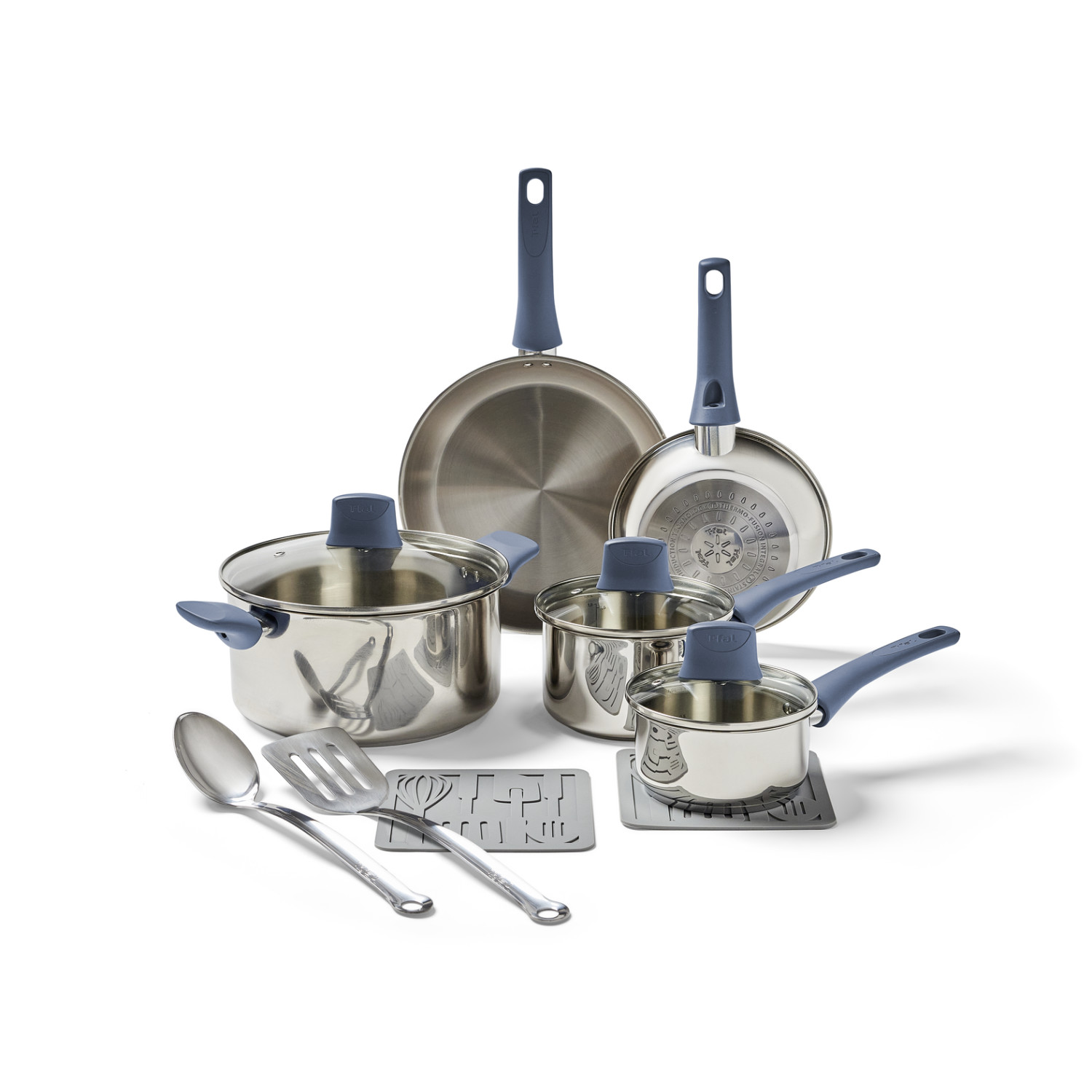T-fal Daily Cook Stainless Steel, 12 Piece Pots and Pans Cookware Set, Ocean Blue Handles