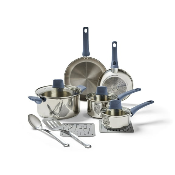 T-fal Daily Cook Stainless Steel, 12 Piece Pots and Pans Cookware Set, Ocean Blue Handles