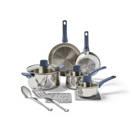T-fal Daily Cook Stainless Steel 12 Piece Pots and Pans Cookware Set Ocean Blue Handles