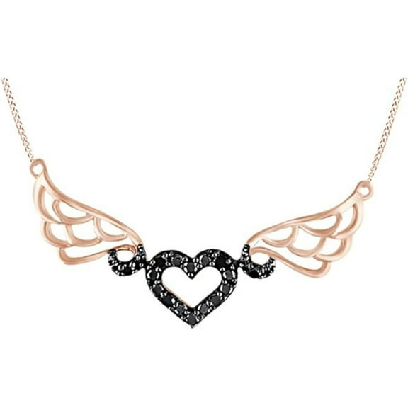 14K Rose Gold Finish Round Cut Black Diamond 925 Sterling Silver Angel Wings Pendant Necklace Jewelry for Women