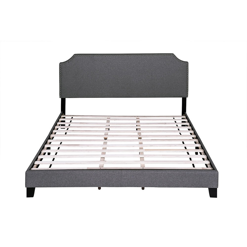 Kepooman Upholstered Platform Bed Frame with Light Grey Fabric Nailhead Trim Headboard and Wood Slats - King Size - Dark Grey Kepooman Upholstered Platform Bed Frame with Light Grey Fabric Nailhead Trim Headboard and Wood Slats - King Size - Dark Grey