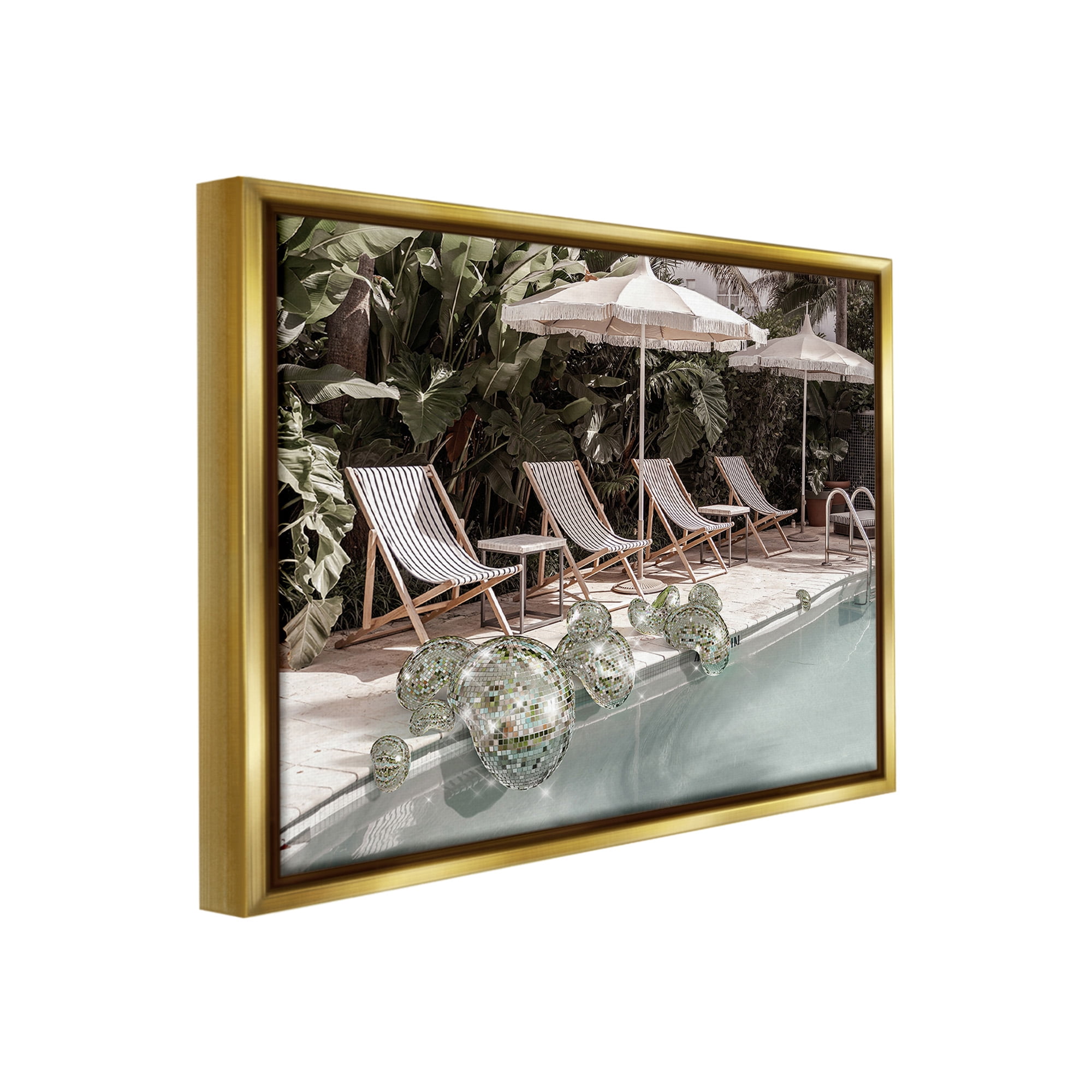 Stupell Industries Disco Balls at Pool Nature Painting Gold Floater Framed Canvas Art Print Wall Art, 21 x 17
