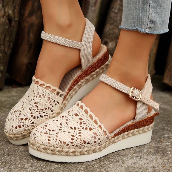 Taqqpue Women Platform Sandals Closed Toe Women's New Summer Fashion Breathable Lace Bun Strap Wedge Sandals