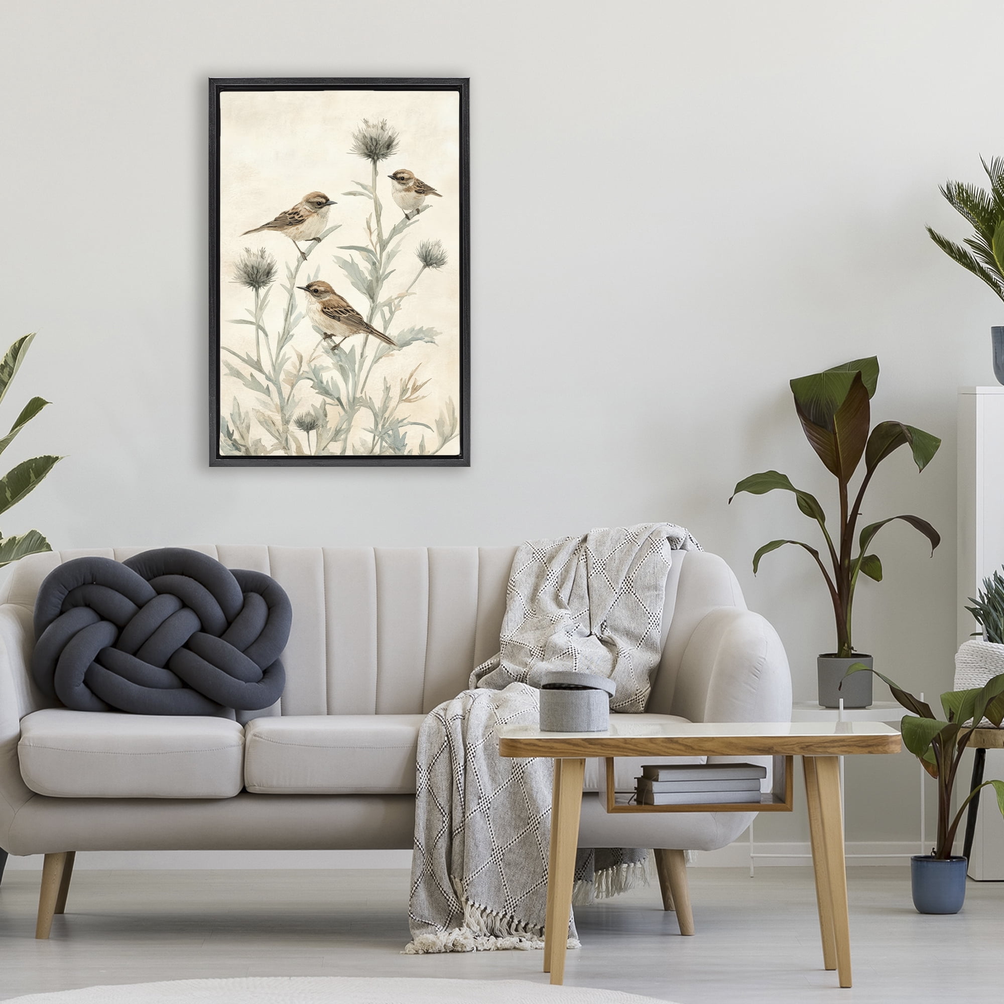 Stupell Industries Sparrows on Thistle Stems Black Framed Floater Canvas Wall Art, design by Petal Prints Design