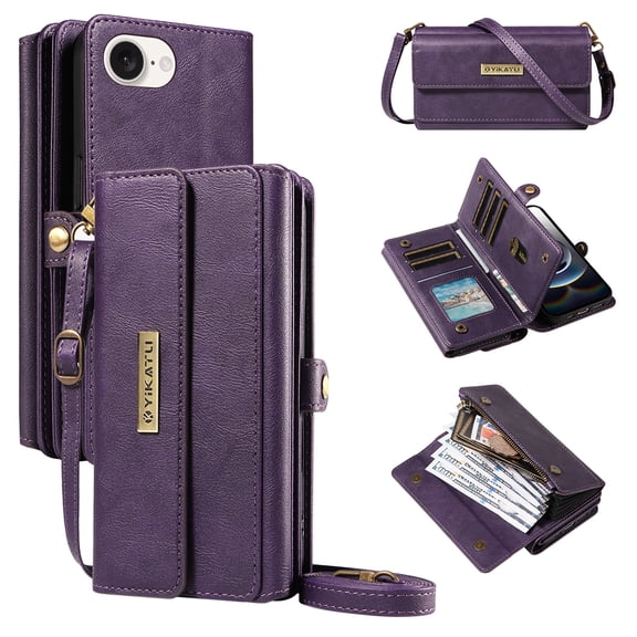 Wallet For iPhone 16e Case with RFID Blocking [9 Card Holder] [3 Cash Slots] [1 Zipper Pocket] for Women Men,Magnetic Snap Closure PU Leather Flip Stand Crossbody Strap Case,Purple