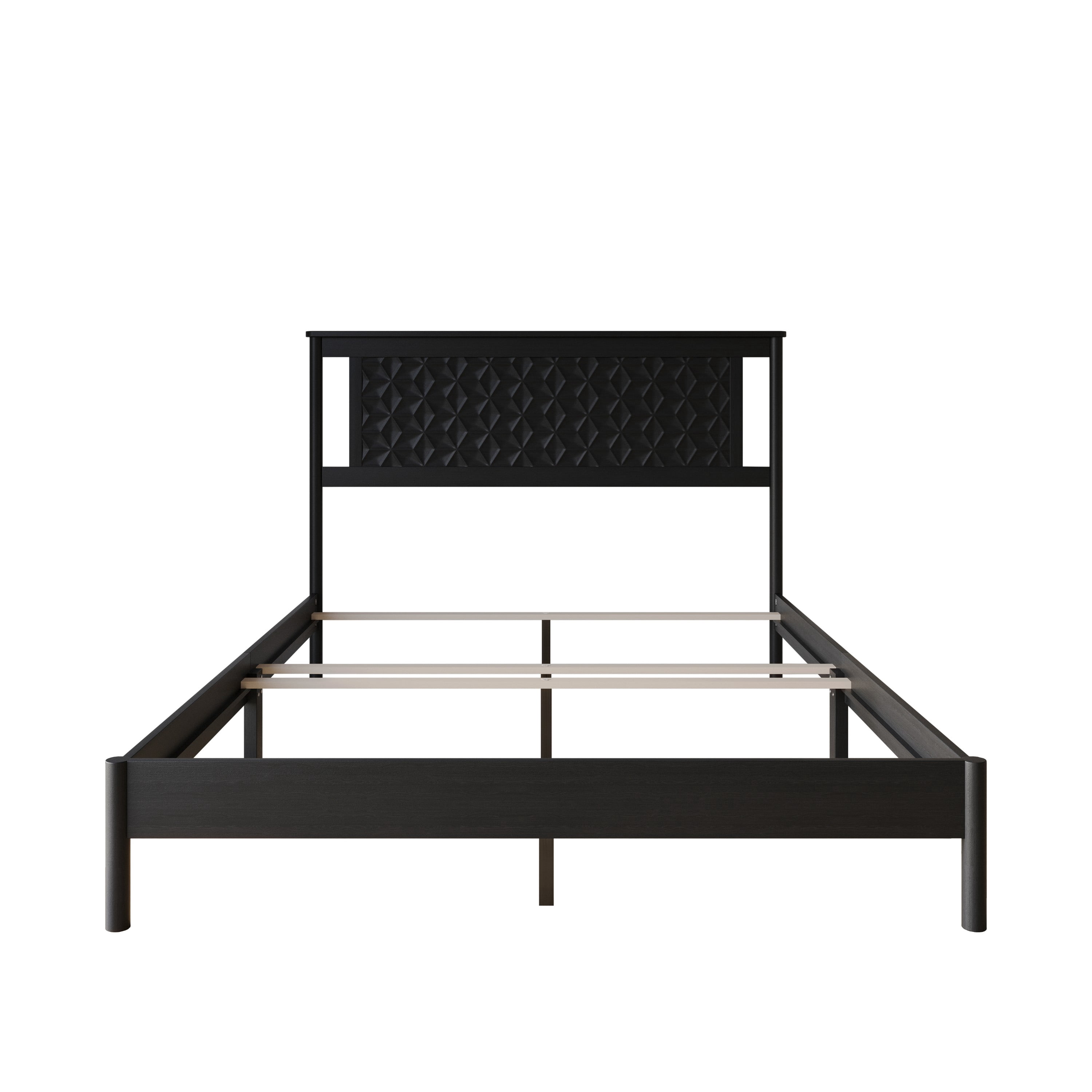 Home Design Tuskegee Queen Panel Bed Frame with Geometric Headboard and Solid Wood Frame, Black, Box Spring Required, Easy Assembly