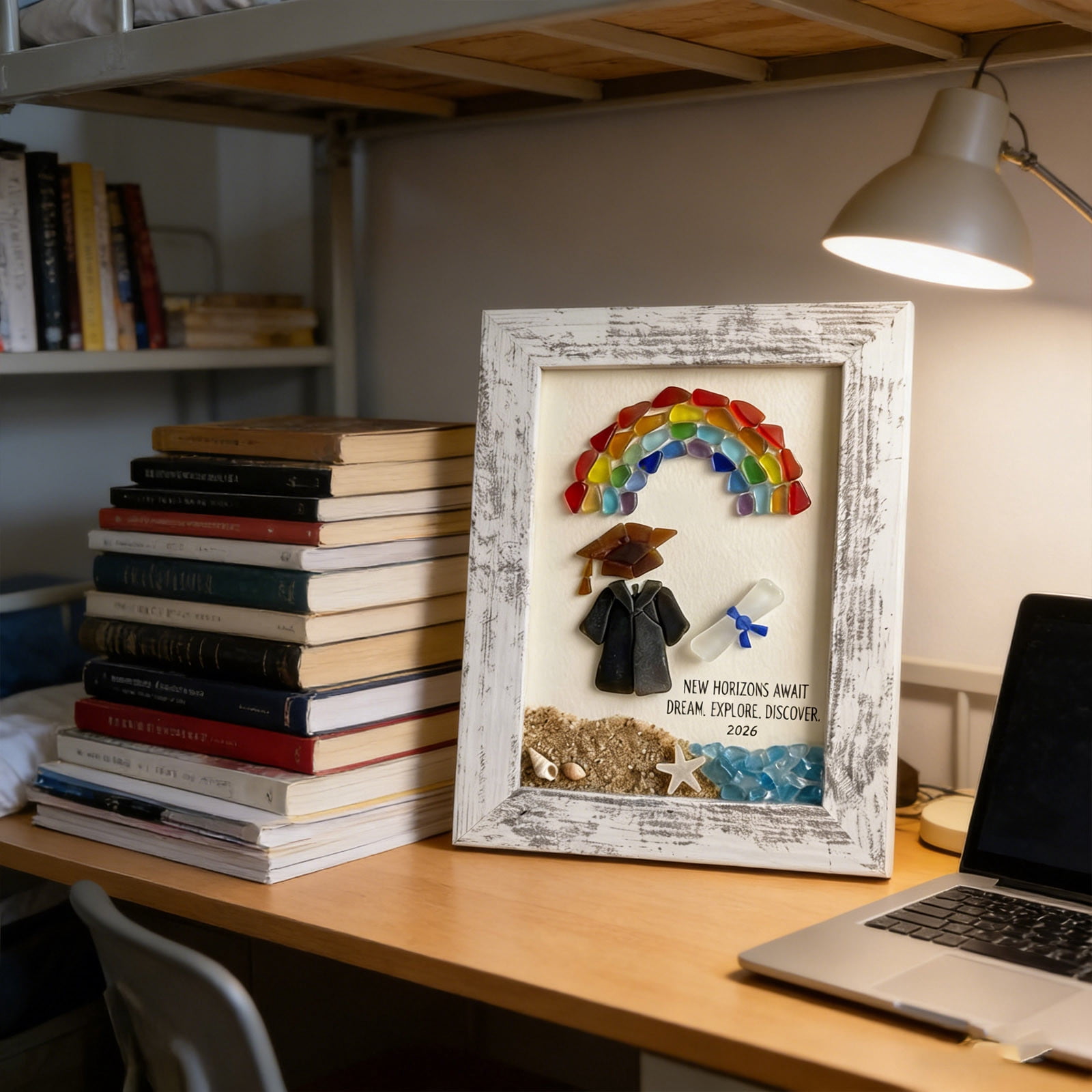 Tusihei 2Pcs Sea Glass Graduation Art, Graduation Keepsake Gift, Graduation Keepsakes Frame with Rainbow Turtle Cap Coastal Decor for Women Men Graduates