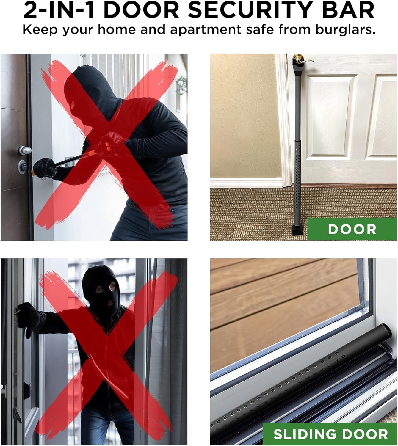 Door Stopper Security Bar, 2-in-1 Adjustable Door Steel Jammer, 300 lbs of Force, by Guard Dog Security, 2 pack Black