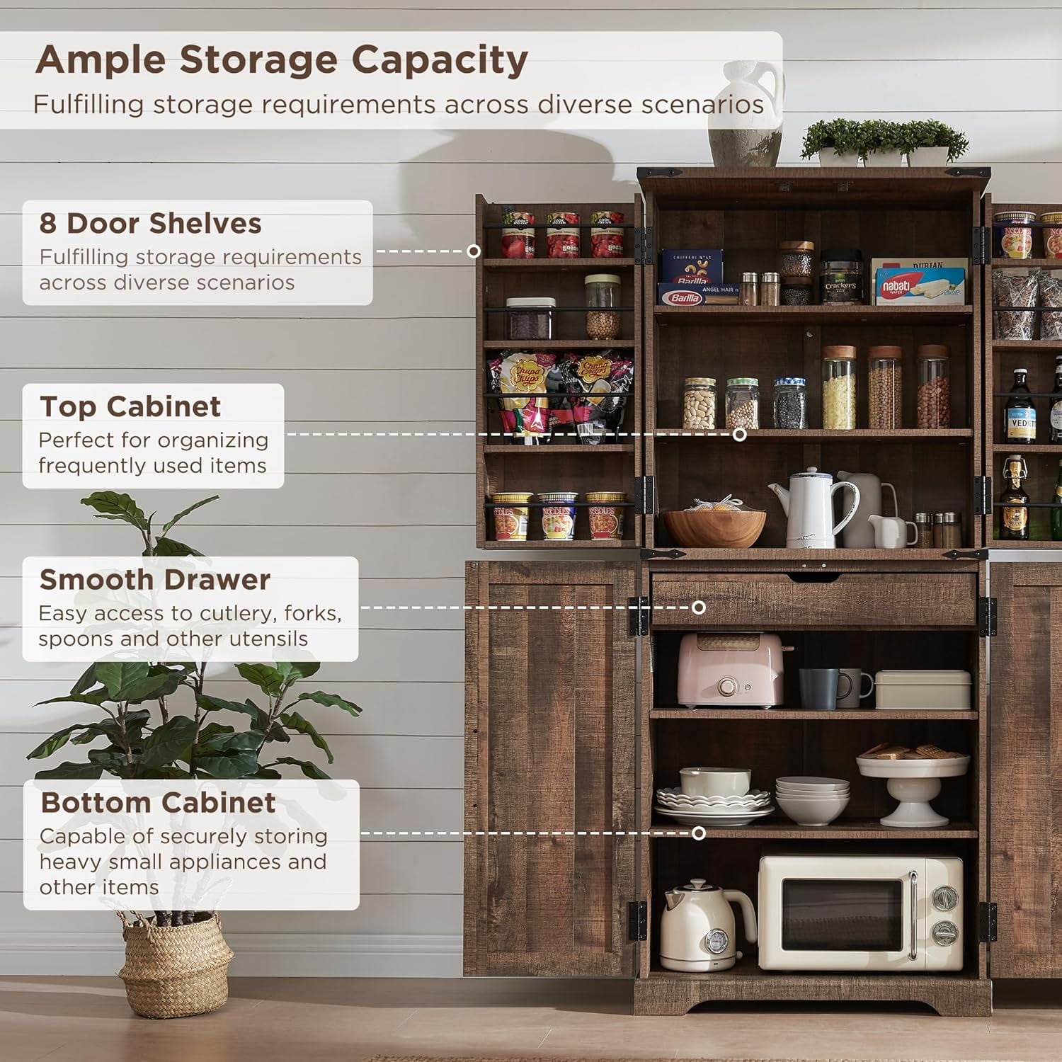 ACCOHOHO 72" Tall Kitchen Pantry, Farmhouse Storage Cabinet with Barn Doors, Drawer and Adjustable Shelves, Rustic Wood Cupboard for Kitchen, Dining Room, Bathroom, Rustic Brown