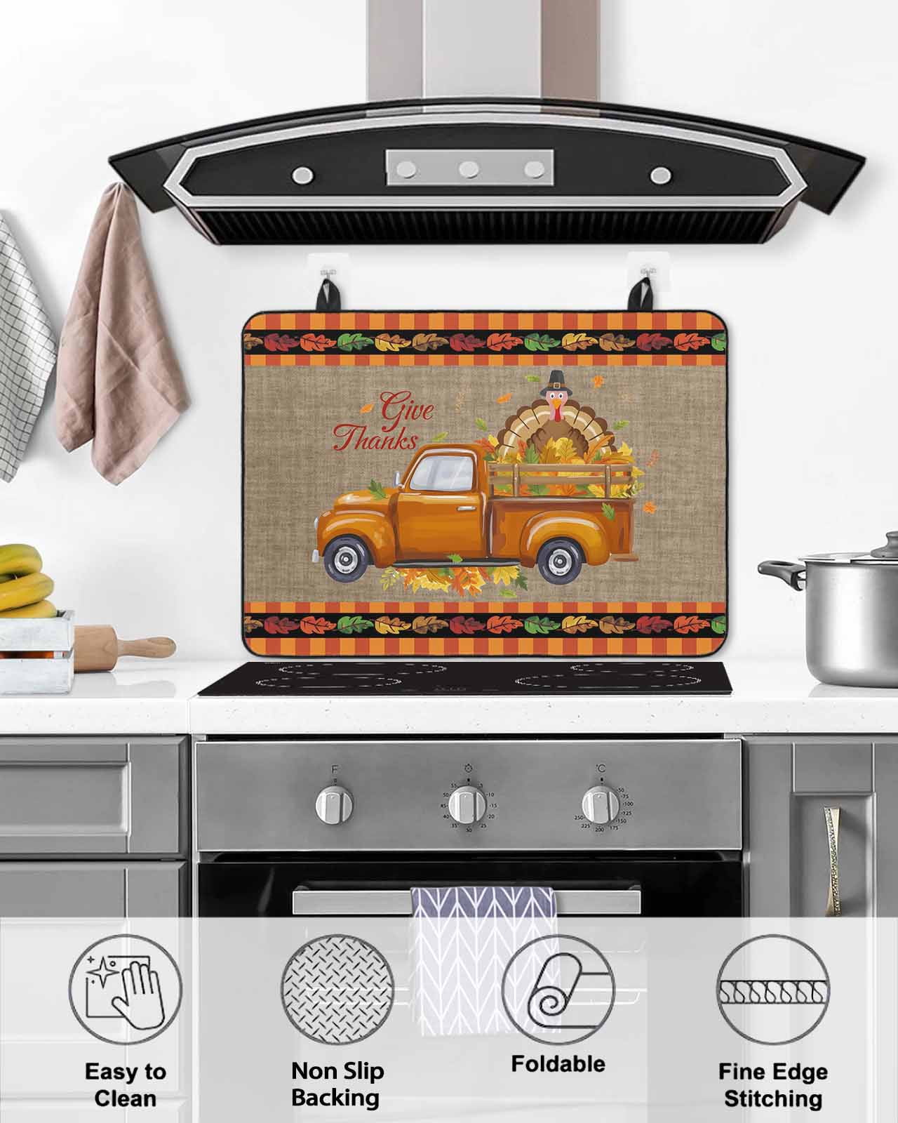 Large Induction Cooktop Protector Mat Thanksgiving Stove Top Covers for Electric Stove, Fall Brown Orange Truck Maple Leaves Turkey Decorative Stove Burner Cover Mats, Glass Top Stove Cover