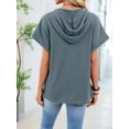 thumbnail image 5 of Women Summer Tops Waffle Knit Short Sleeve Drawstring Hoodies Button V Neck Casual Blouses Shirts Gray-Blue M, 5 of 9
