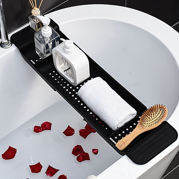 Expandable Bathtub Caddy Tray - Adjustable Plastic Bath Shelf with Drain Holes - Over-the-Tub Organizer for Bathroom Accessories