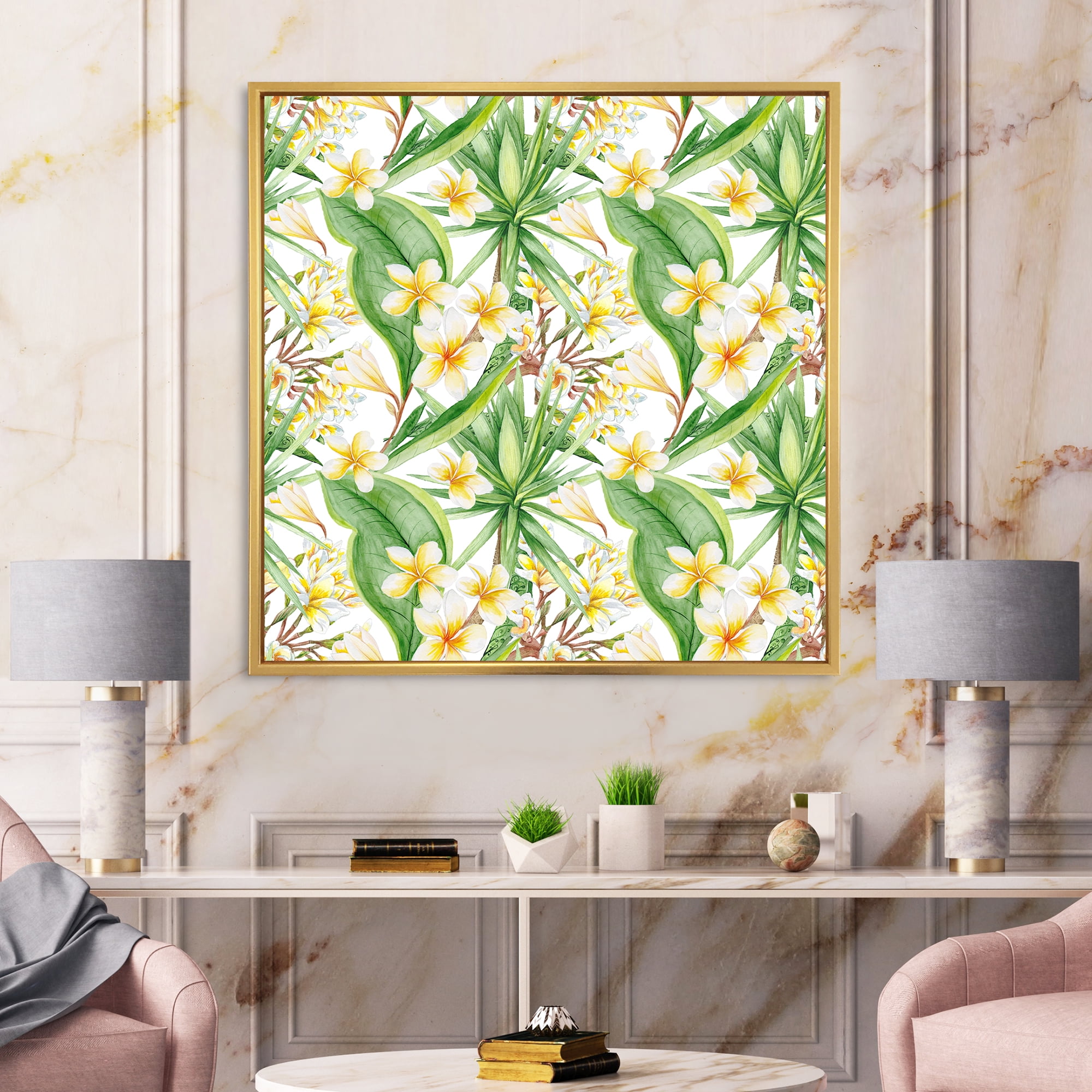 Designart 'Yellow Flowers and Tropical Foliage IX' Modern Framed Canvas Wall Art Print