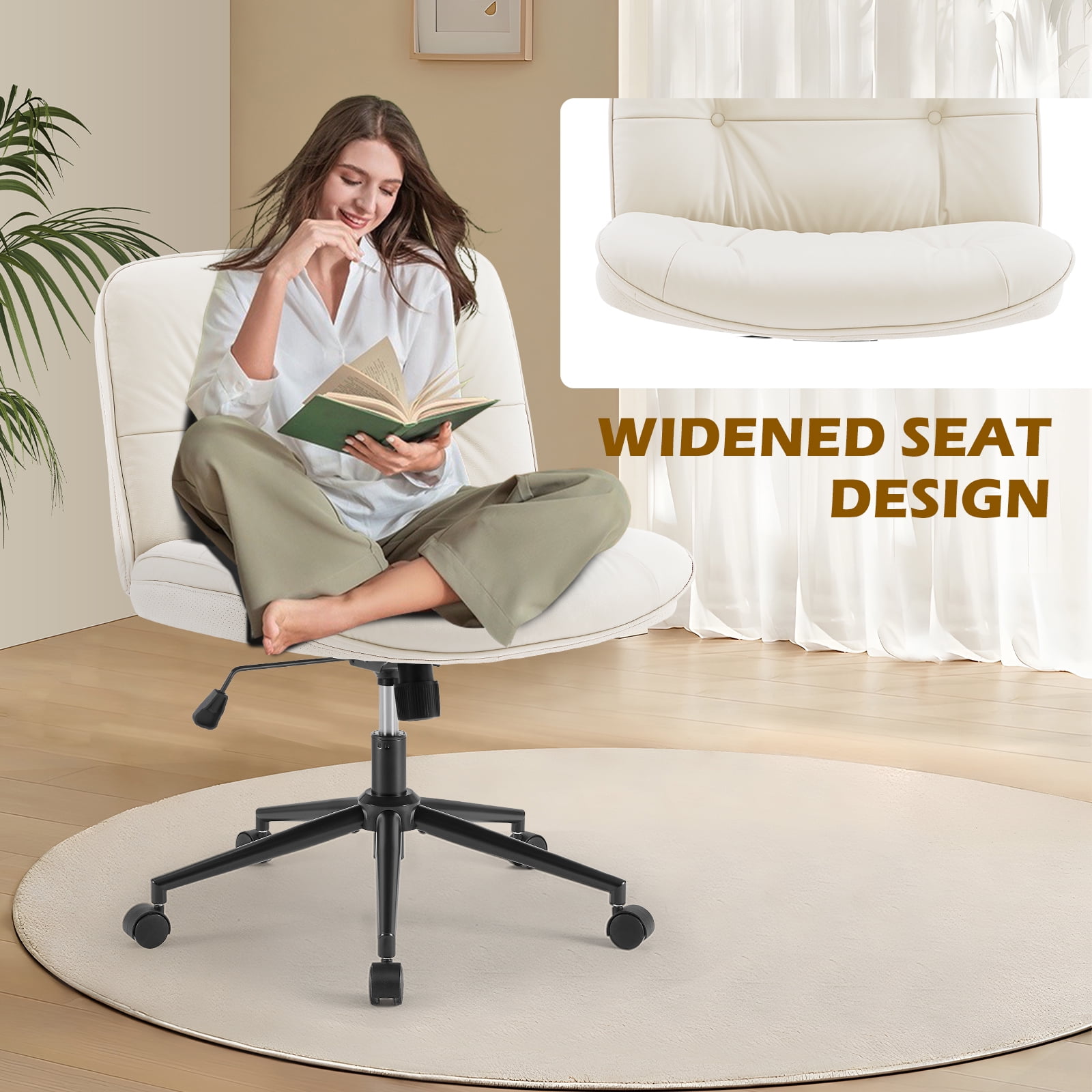GIANNA Armless Office Desk PU Leather Wide Seat with Wheels, Criss Cross Legged Chair, Height Adjustable, Swivel, For Home Bedroom Office - Beige