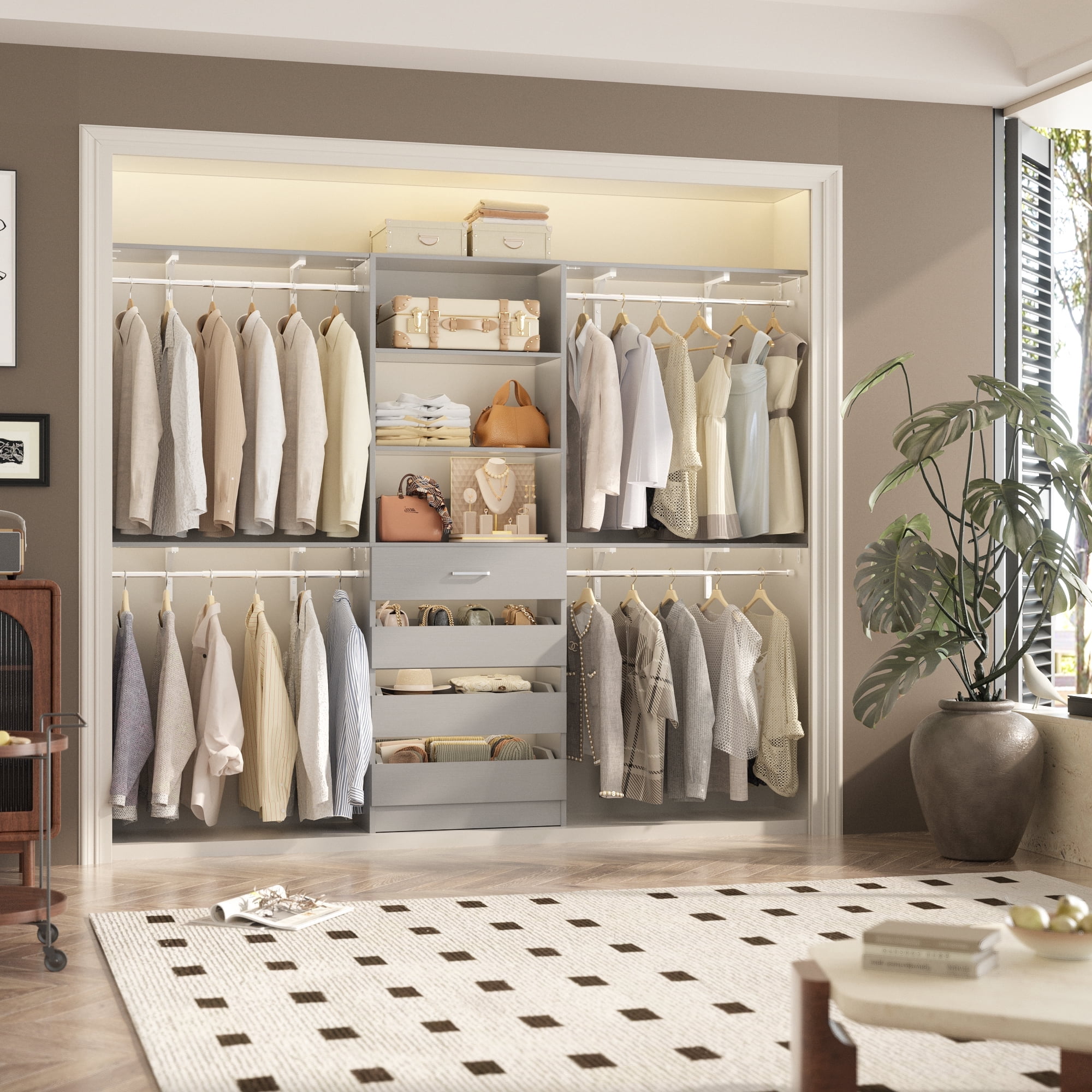 Homieasy 8FT Walk-in Closet System with 4 Wooden Drawers & 4 Hanging Rods , Heavy-Duty Closet Organizer for Bedroom/Laundry Room ,96'' Wardrobe Tower, Garment Rack, Gray