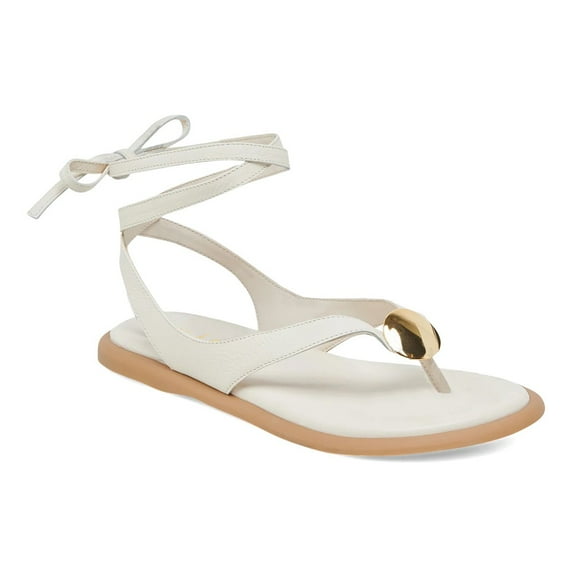 XYD Women Metal Ornament Round Toe Thong Sandals Ankle Wrap Lace Up Flat Shoes Comfortable Casual Flip Flops Size 7 White